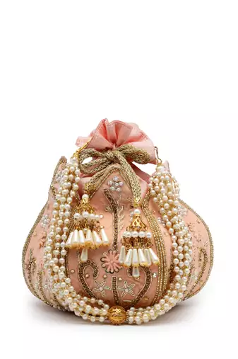 lotus pastel peach & gold floral embellished velvet potli