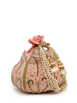 lotus pastel peach & gold floral embellished velvet potli 5