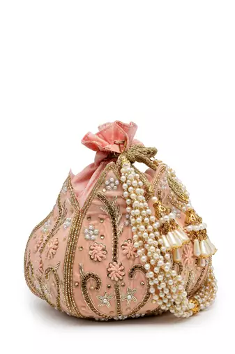 lotus pastel peach & gold floral embellished velvet potli
