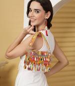 tipify camel & multi mirror work embellished velvet clutch