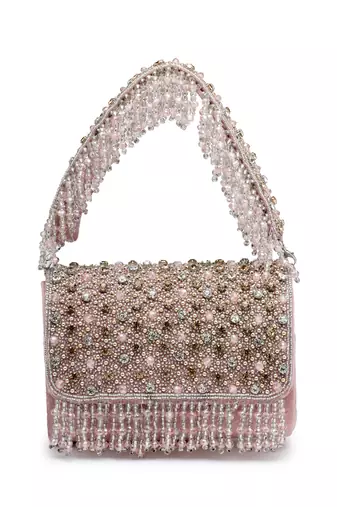 coffer mauve & metallic gold stone work embellished suede clutch