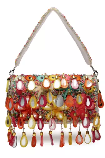 tipify white & multi mirror work embellished velvet clutch