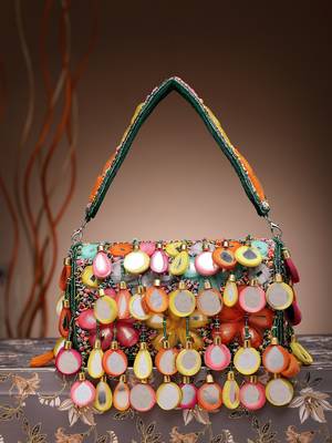 tipify emerald green & multi mirror work embellished velvet clutch 3