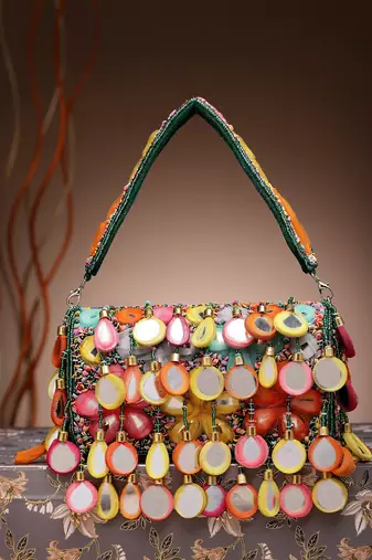 tipify emerald green & multi mirror work embellished velvet clutch