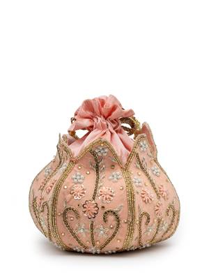 lotus pastel peach & gold floral embellished velvet potli 6