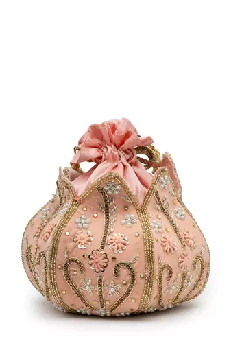 lotus pastel peach & gold floral embellished velvet potli