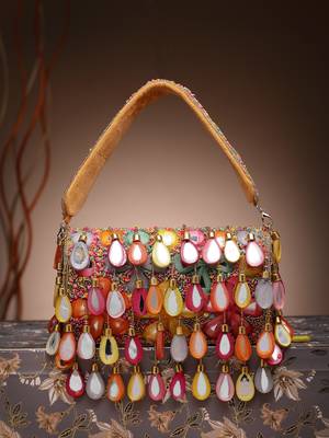tipify camel & multi mirror work embellished velvet clutch 3