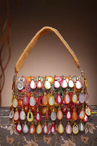 tipify camel & multi mirror work embellished velvet clutch