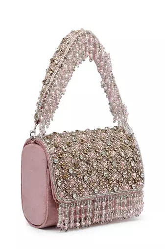coffer mauve & metallic gold stone work embellished suede clutch