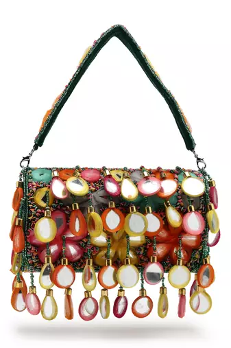 tipify emerald green & multi mirror work embellished velvet clutch