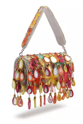 tipify white & multi mirror work embellished velvet clutch