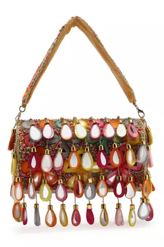 tipify camel & multi mirror work embellished velvet clutch