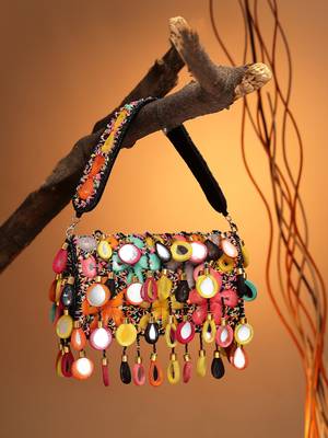 tipify black & multi mirror work embellished velvet clutch 1