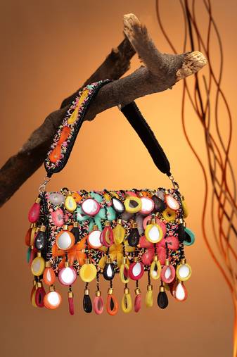 tipify black & multi mirror work embellished velvet clutch