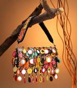 tipify black & multi mirror work embellished velvet clutch