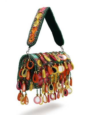 tipify emerald green & multi mirror work embellished velvet clutch 5