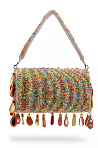 tipify white & multi mirror work embellished velvet clutch