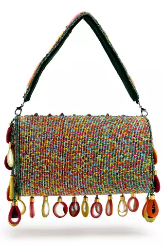 tipify emerald green & multi mirror work embellished velvet clutch