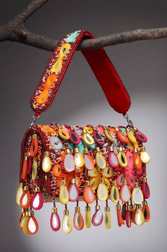 tipify maroon & multi mirror work embellished velvet clutch
