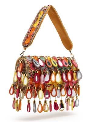 tipify camel & multi mirror work embellished velvet clutch 5