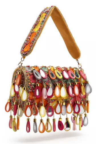 tipify camel & multi mirror work embellished velvet clutch