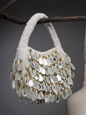tipify white, gold & pearl mirror work embellished velvet purse 1