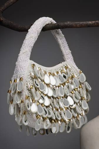 tipify white, gold & pearl mirror work embellished velvet purse
