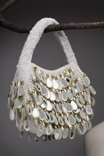 tipify white, gold & pearl mirror work embellished velvet purse