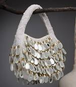 tipify white, gold & pearl mirror work embellished velvet purse
