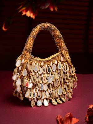 tipify camel, gold & pearl mirror work embellished velvet purse 1