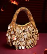 tipify camel, gold & pearl mirror work embellished velvet purse