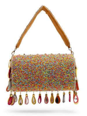 tipify camel & multi mirror work embellished velvet clutch 6