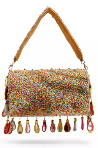 tipify camel & multi mirror work embellished velvet clutch
