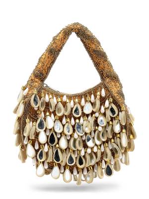 tipify camel, gold & pearl mirror work embellished velvet purse 4