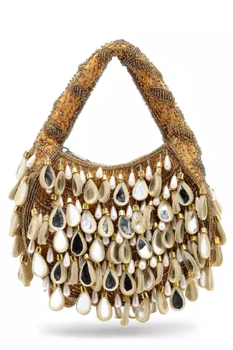 tipify camel, gold & pearl mirror work embellished velvet purse
