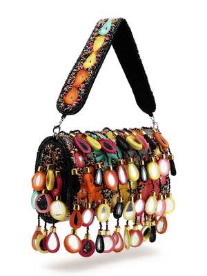 tipify black & multi mirror work embellished velvet clutch 5