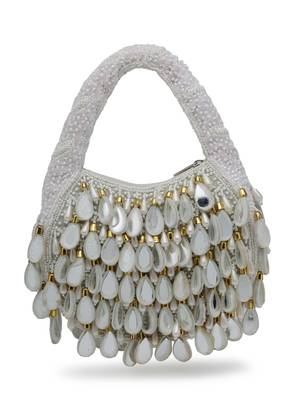 tipify white, gold & pearl mirror work embellished velvet purse 4