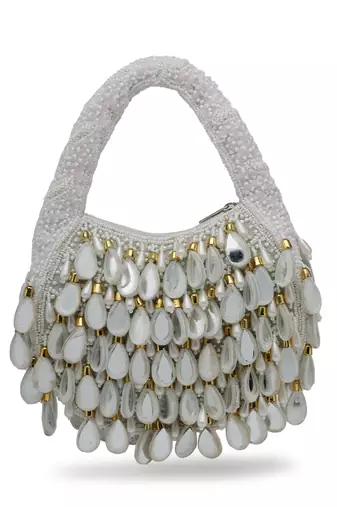 tipify white, gold & pearl mirror work embellished velvet purse