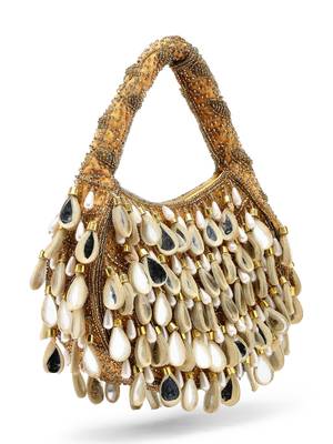 tipify camel, gold & pearl mirror work embellished velvet purse 5