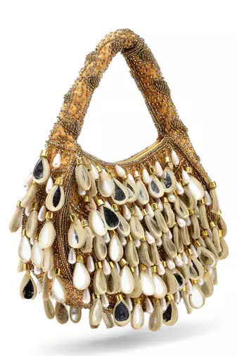 tipify camel, gold & pearl mirror work embellished velvet purse