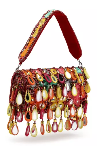 tipify maroon & multi mirror work embellished velvet clutch