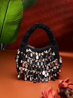 tipify black, gold & pearl mirror work embellished velvet purse 3