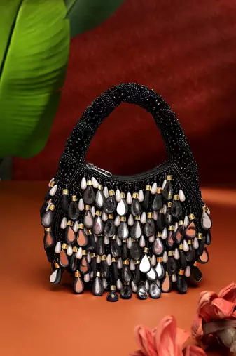 tipify black, gold & pearl mirror work embellished velvet purse