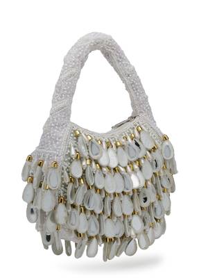 tipify white, gold & pearl mirror work embellished velvet purse 5