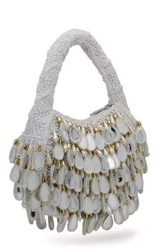 tipify white, gold & pearl mirror work embellished velvet purse