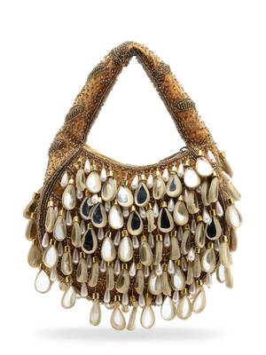 tipify camel, gold & pearl mirror work embellished velvet purse 6