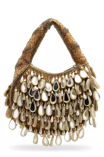 tipify camel, gold & pearl mirror work embellished velvet purse