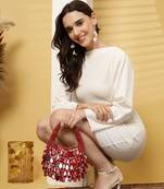 tipify maroon, gold & pearl mirror work embellished velvet purse