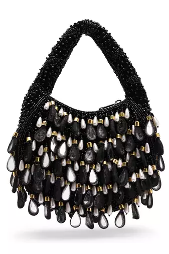 tipify black, gold & pearl mirror work embellished velvet purse