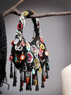 tipify black & multi mirror work embellished velvet purse 1
